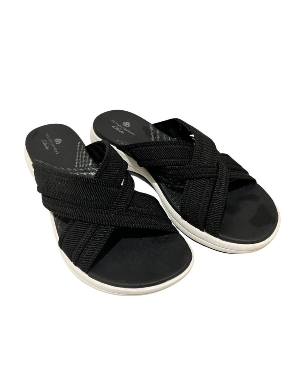 Clarks Cloudsteppers Womens Cross-Band Slide Sandals Size 9 Black Knit Sport